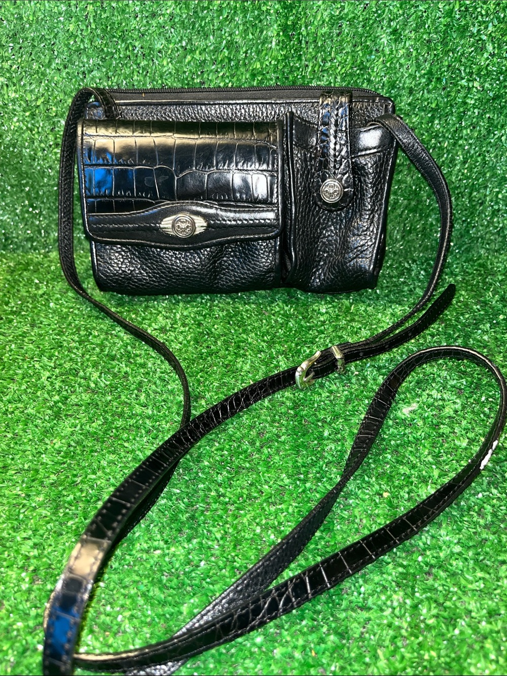 Brighton Retired Leather Crossbody Organizer Bag Black Croc Embossed